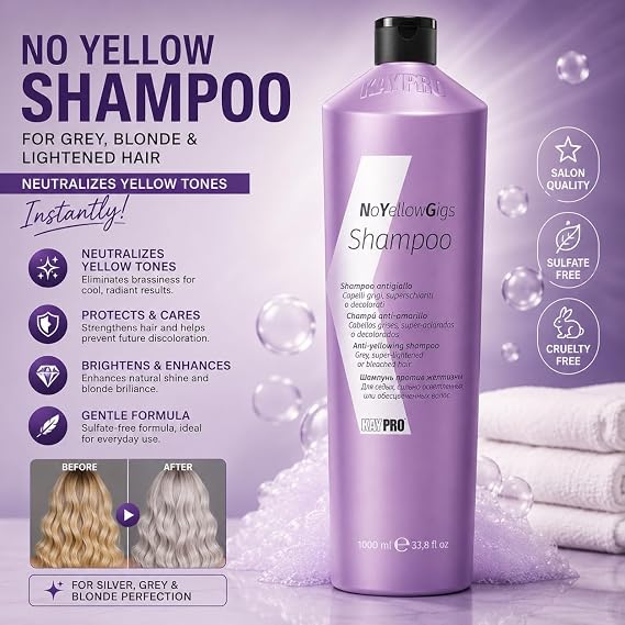 KAYPRO Pro Anti-Yellow Silver Shampoo 1000ml Italian (Toning Shampoo for Blonde, Silver & Bleached Hair, Neutralizing Yellow Tones)