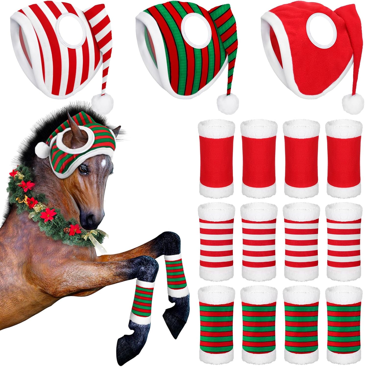 15 Pcs Christmas Horse Accessory Set Christmas Hook and Loop Fasteners Horse Leg Wraps Xmas Hats Caps for Holiday Costume Accessories