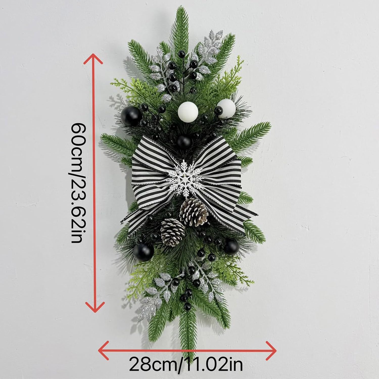 Artificial Christmas Teardrop Pine Swag with Black White Stripe Bow (2pcs)