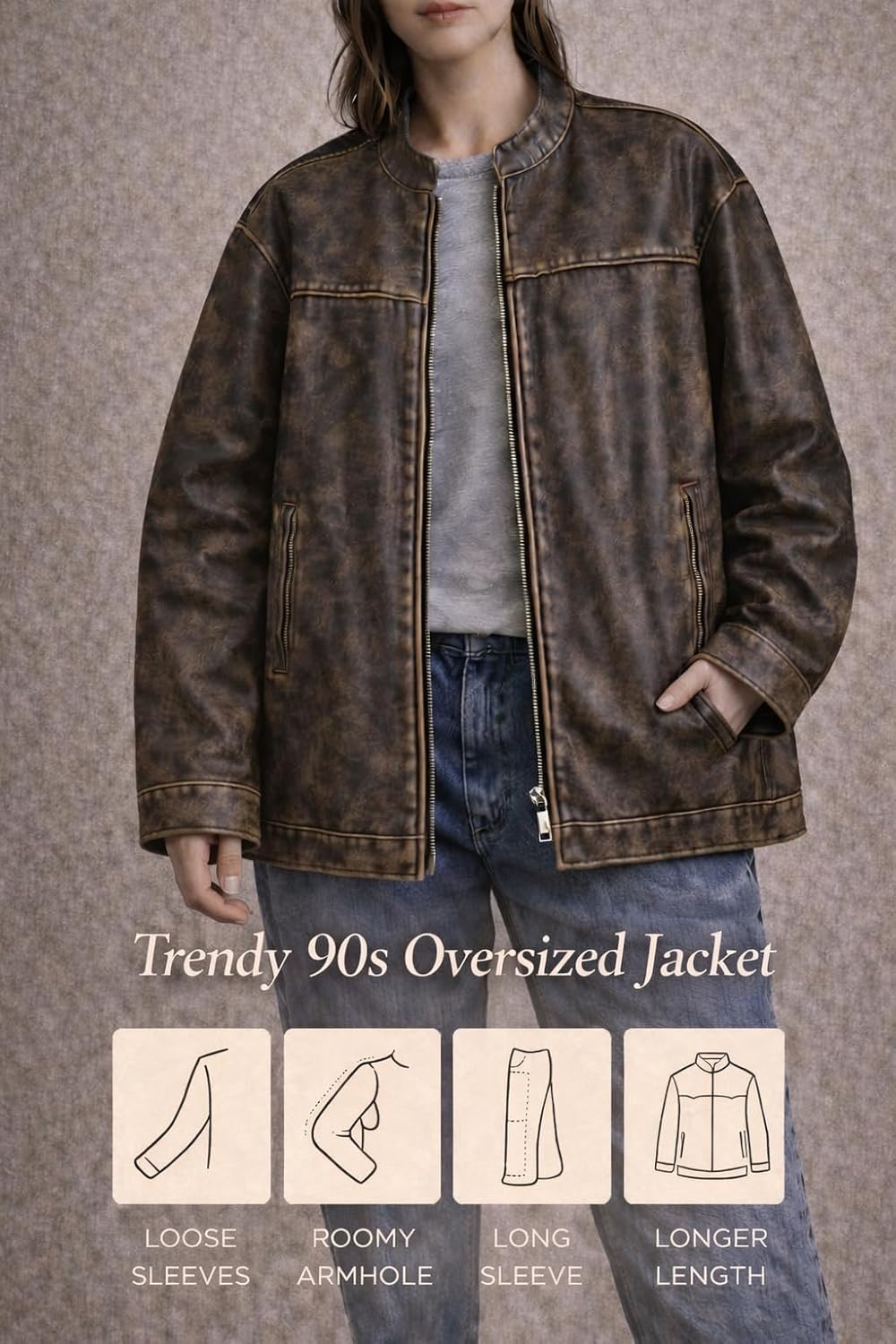 Women’s Oversized Vintage Leather Bomber Jacket – Genuine Lambskin, Distressed, Drop-Shoulder, Zip-Front - Image 5