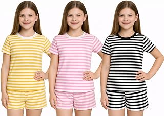 NIMOES Girls Striped Night Suit Set | Cotton Half Sleeve T-Shirt & Shorts Co-Ord Set | Soft & Comfortable Kids Sleepwear |... Price In India