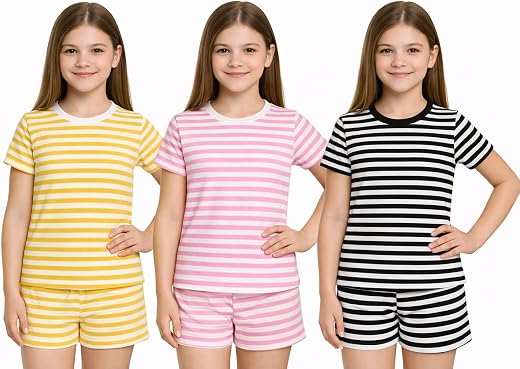 NIMOES Girls Striped Night Suit Set | Cotton Half Sleeve T-Shirt & Shorts Co-Ord Set | Soft & Comfortable Kids Sleepwear |...