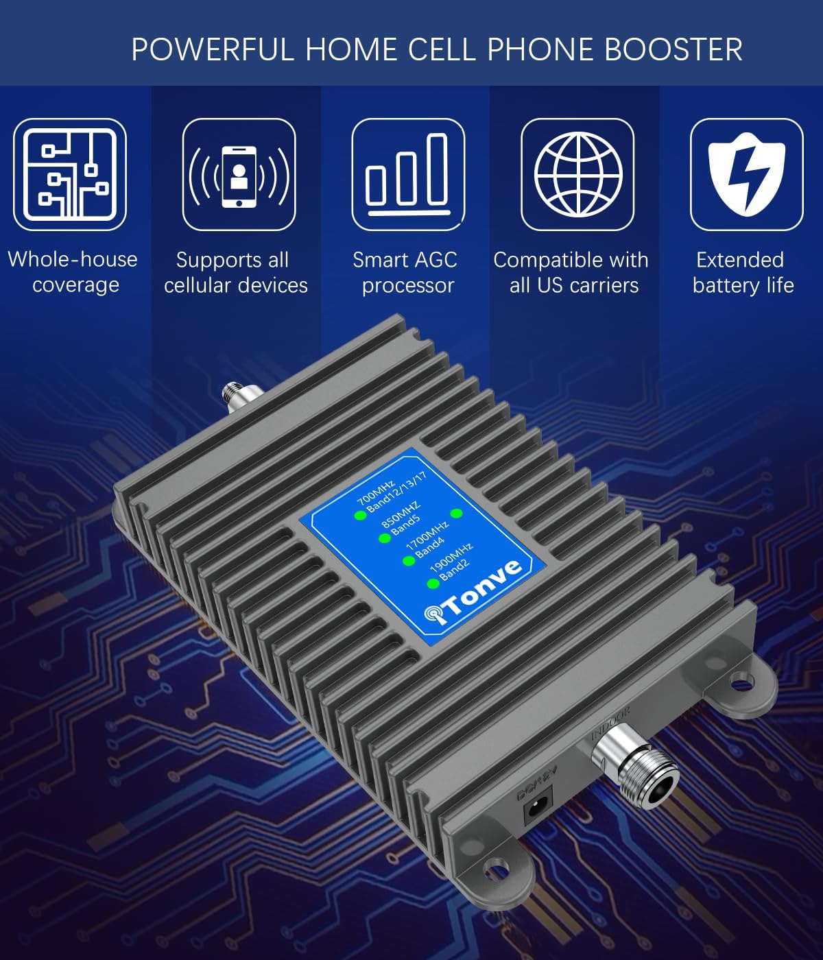 Cell Phone Signal Booster for Home, 5G & 4G LTE Signal Booster for Verizon AT&T T-Mobile All U.S. Carriers, Bands 2/4/5/12/13/17/25, Up to 4500 sq ft Coverage, AGC Cellular Booster