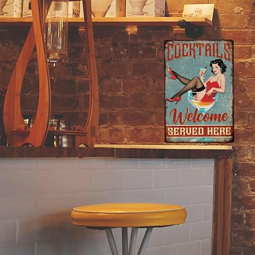 Miniatura 7 de GLOBLELAND Pin Up Cocktails Lady - Cartel de metal para pared de 8 x 12 pulgadas con texto en inglés "Cocktails Welcome Served Here" para bar,