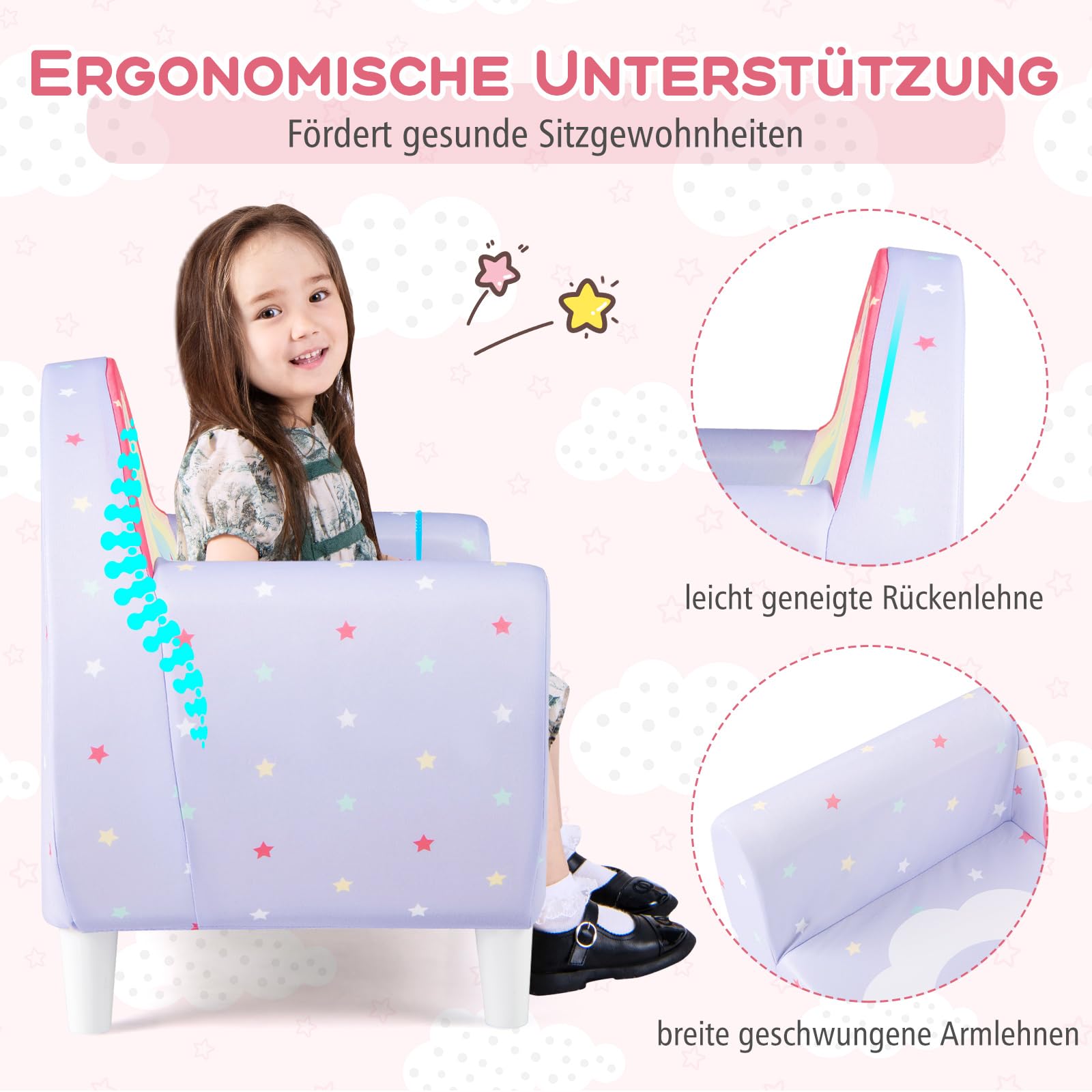 DREAMADE Kindersofa mit schönem Einhornmuster, Kindersessel mit ergonomischer Rückenlehne & Armlehnen, atmungsaktives Kindercouch für Spielzimmer & Kinderzimmer, für Kinder ab 3 Jahren (Lila)