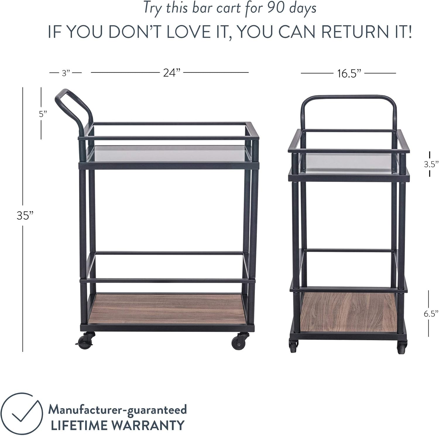 Nathan James Carter Rolling Bar Tea or Cocktail, 2-Tiered Serving Cart Metal Frame and Oak Wood Shelf, Black/Brown - Bar & Serving Carts