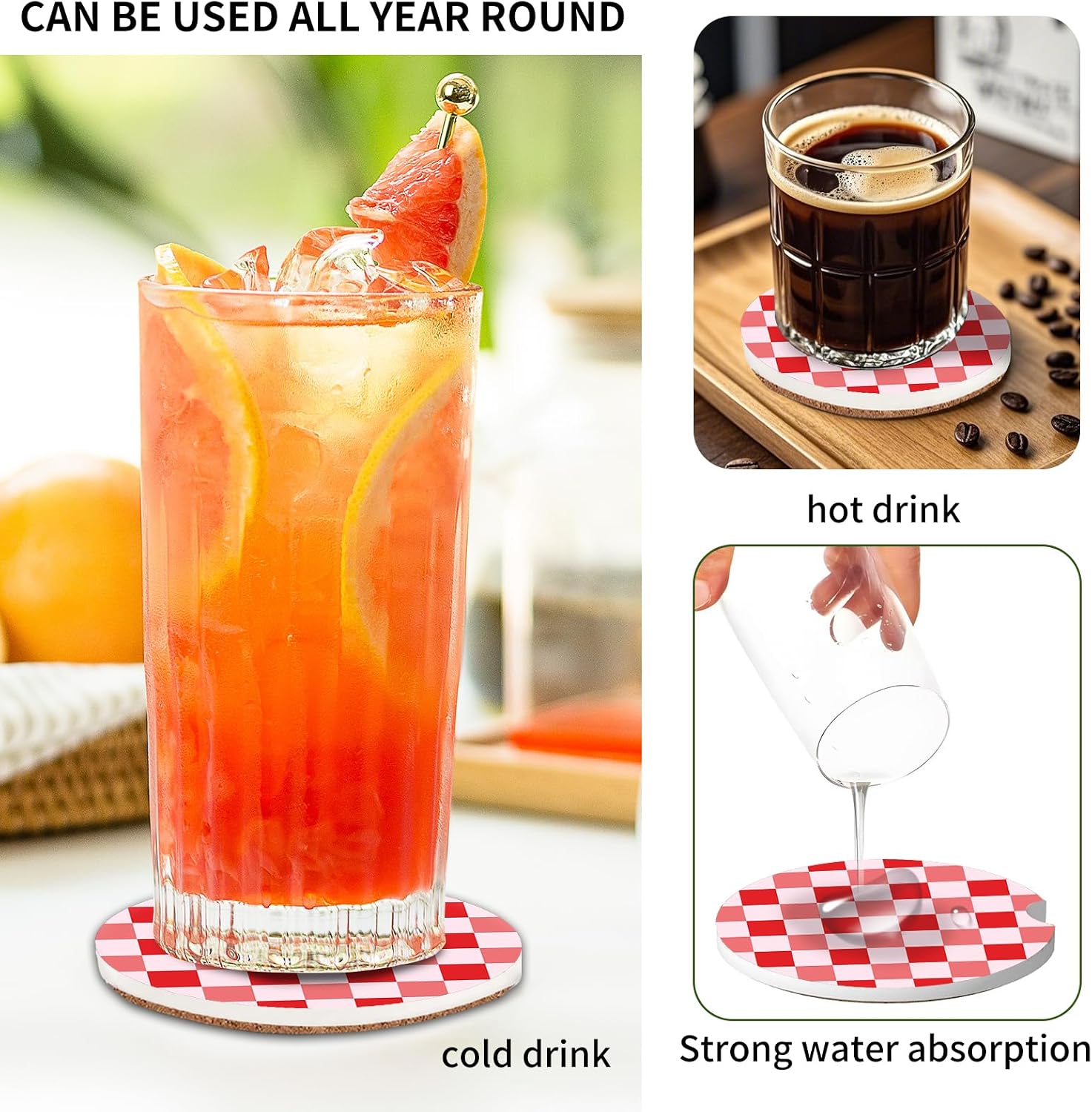 2 Pack Universal Ceramic Car Coasters，Ceramic Stone with A Finger Notch for Easy Removal of Car Cup Holder Coaster(Pink Plaid) image 2