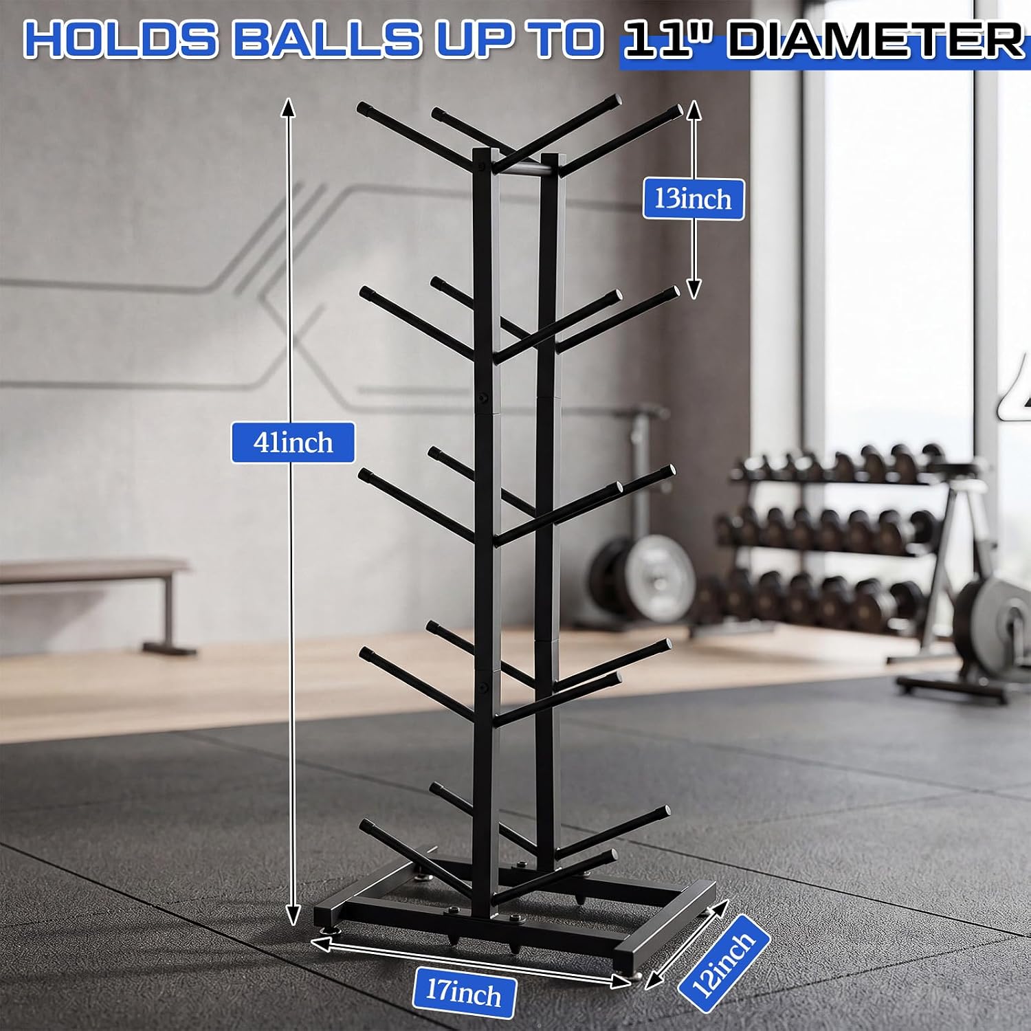 Sintuff Medicine Ball Rack Storage Metal Durable Tree Holds 10 Slam Balls up to 11'' Diameter Vertical Gym Organizer Stand Holder for Organized Gym Fitness Studio (17'' X 12'' X 52'',Black)