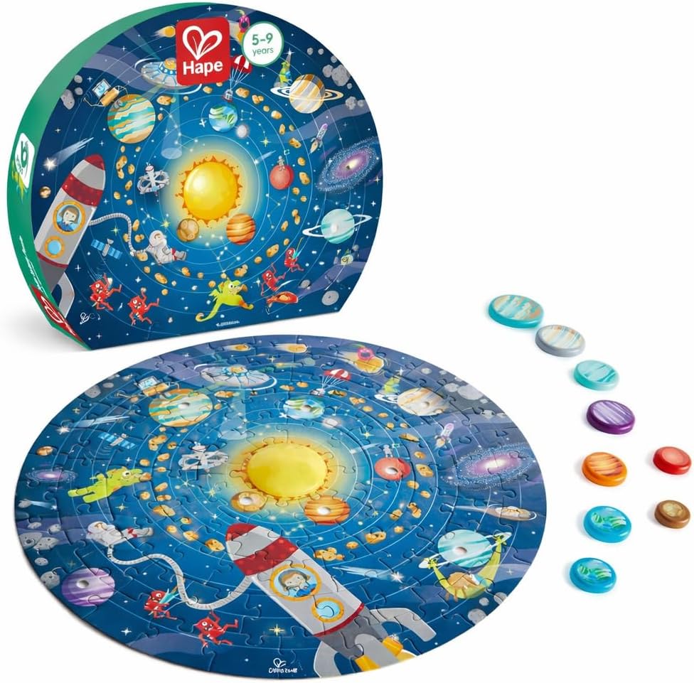 Hape Solar System Puzzle | Round Solar System Puzzle Toy for Kids, Solid Wood Pieces and a Glowing LED Sun