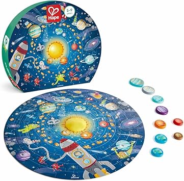 Hape Solar System Puzzle | Round Solar System Puzzle Toy for Kids, Solid Wood Pieces and A Glowing LED Sun
