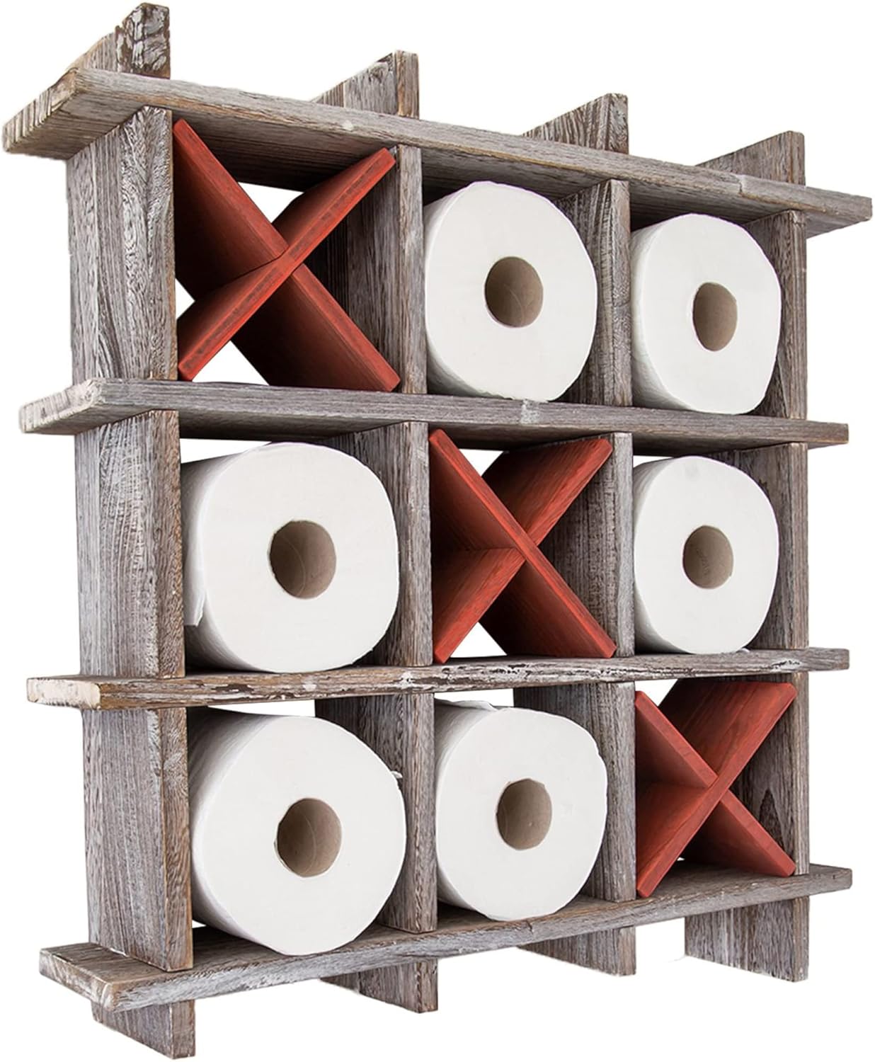 Crazy Deals Rustic Tic-Tac-Toe Toilet Paper Holder for Bathroom – Rustic Storage Shelves for Toilet Tissue in Distressed White Color – Freestanding or Wall Mount Bath Shelves for Your Farmhouse Décor