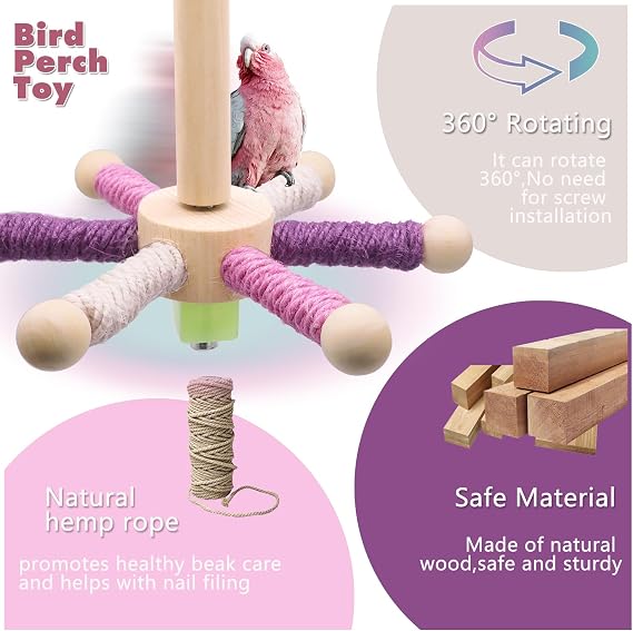 Bird Perch Toy, Parrot 360° Interactive Rotating Toy, Bird Cage Accessories for Small and Medium Parrots to Expend Energy, Wooden Stand for Parakeets Cockatiels (6 perches)