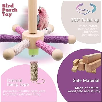 Bird Perch Toy, Parrot 360° Interactive Rotating Toy, Bird Cage Accessories for Small and Medium Parrots to Expend Energy, Wooden Stand for Parakeets Cockatiels (6 perches)