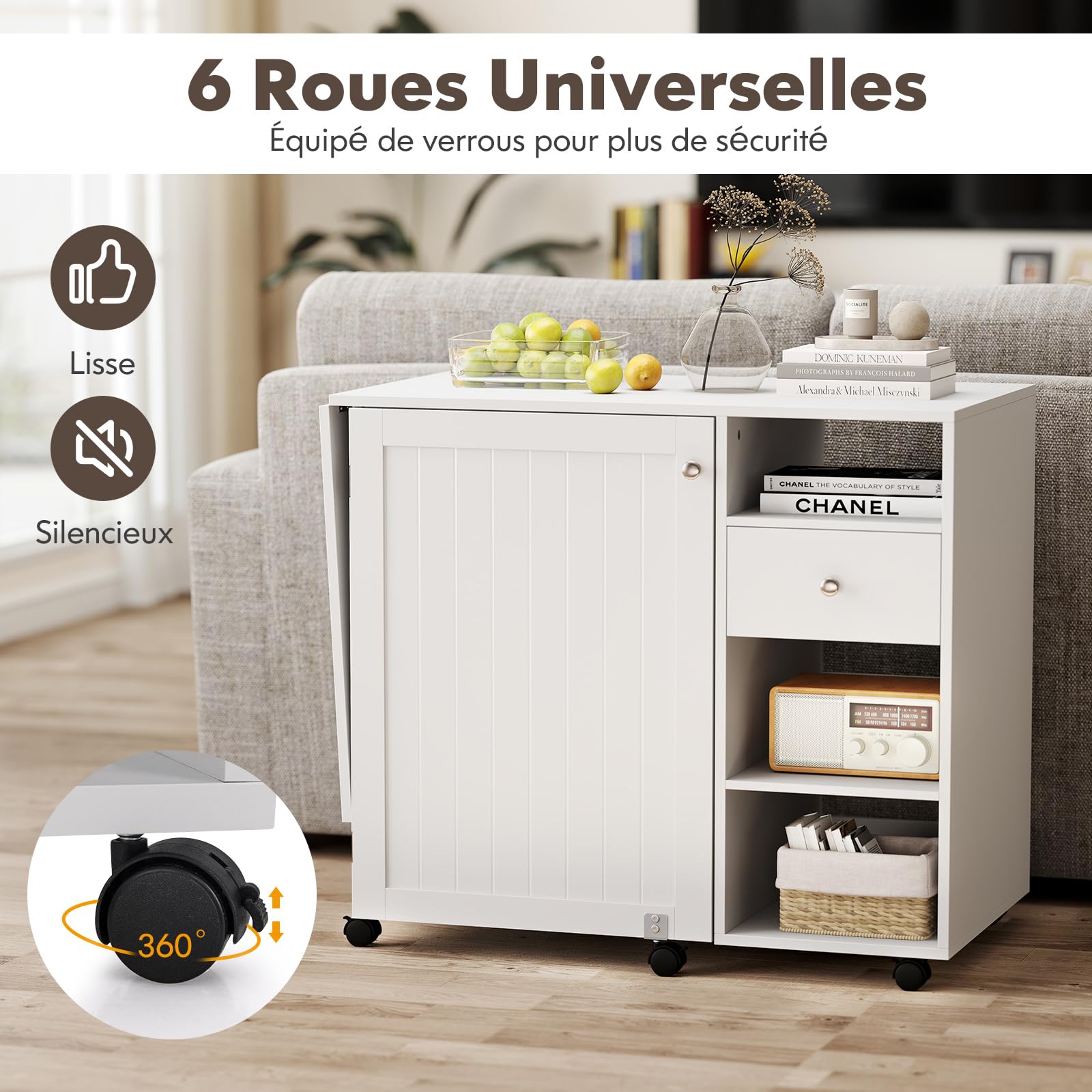 GIANTEX Table de Couture Pliante, Armoire à Couture avec 6 roulettes Verrouillables, 3 Étagères, 3 Compartiments Ouverts, 1 Tiroir, 18 Patères, Meuble Machine à Coudre pour Petits Espaces