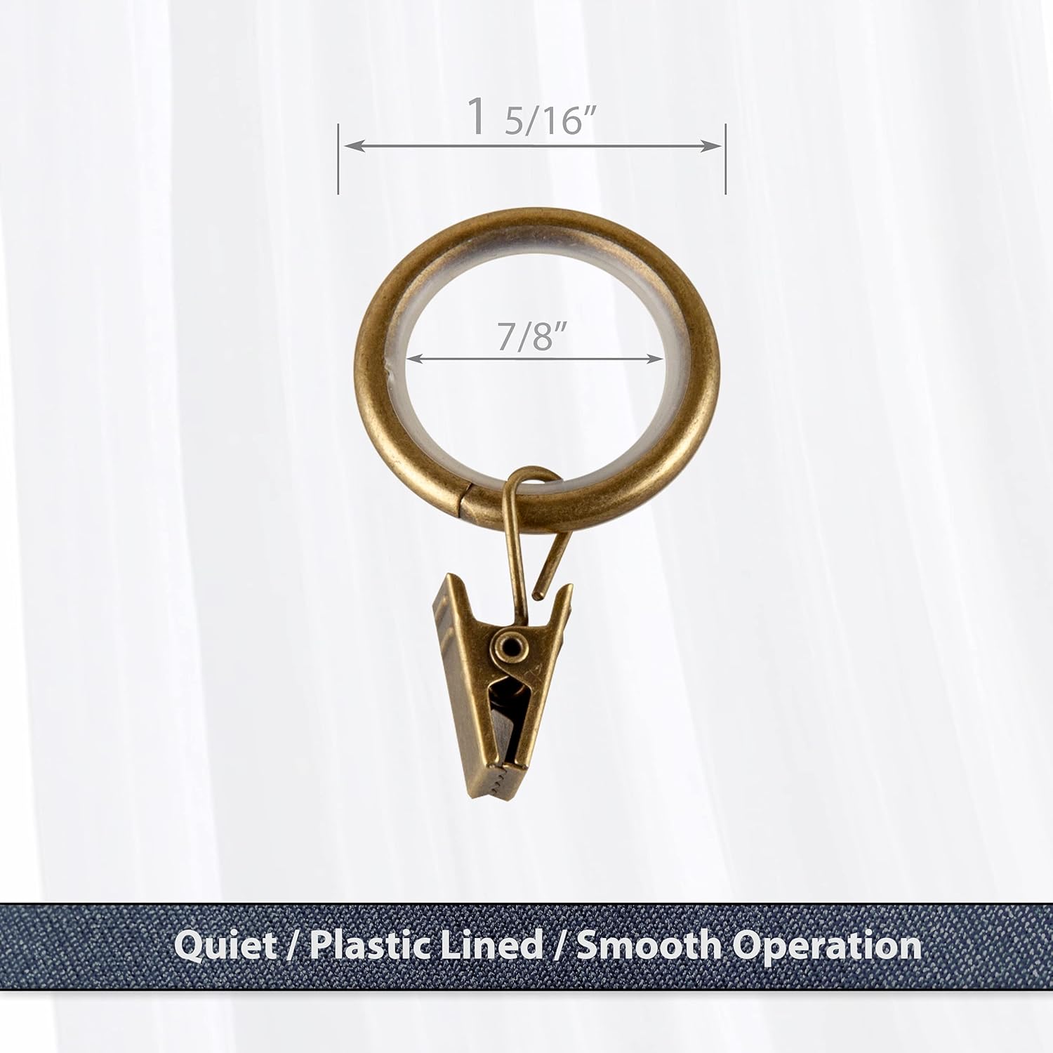Rod Desyne 7/8 inch Noise-Canceling Curtain Rings w/Clip (Set of 10) - Antique Brass