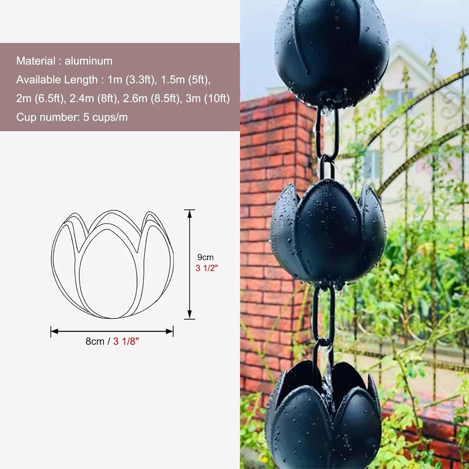Rain Chain Rain Chain Aluminum Rainwater Gutter Chain, Home Villa Display & Outdoor Garden Decorative Rain Catcher Chain, Divert Water Rain Collector Cups,