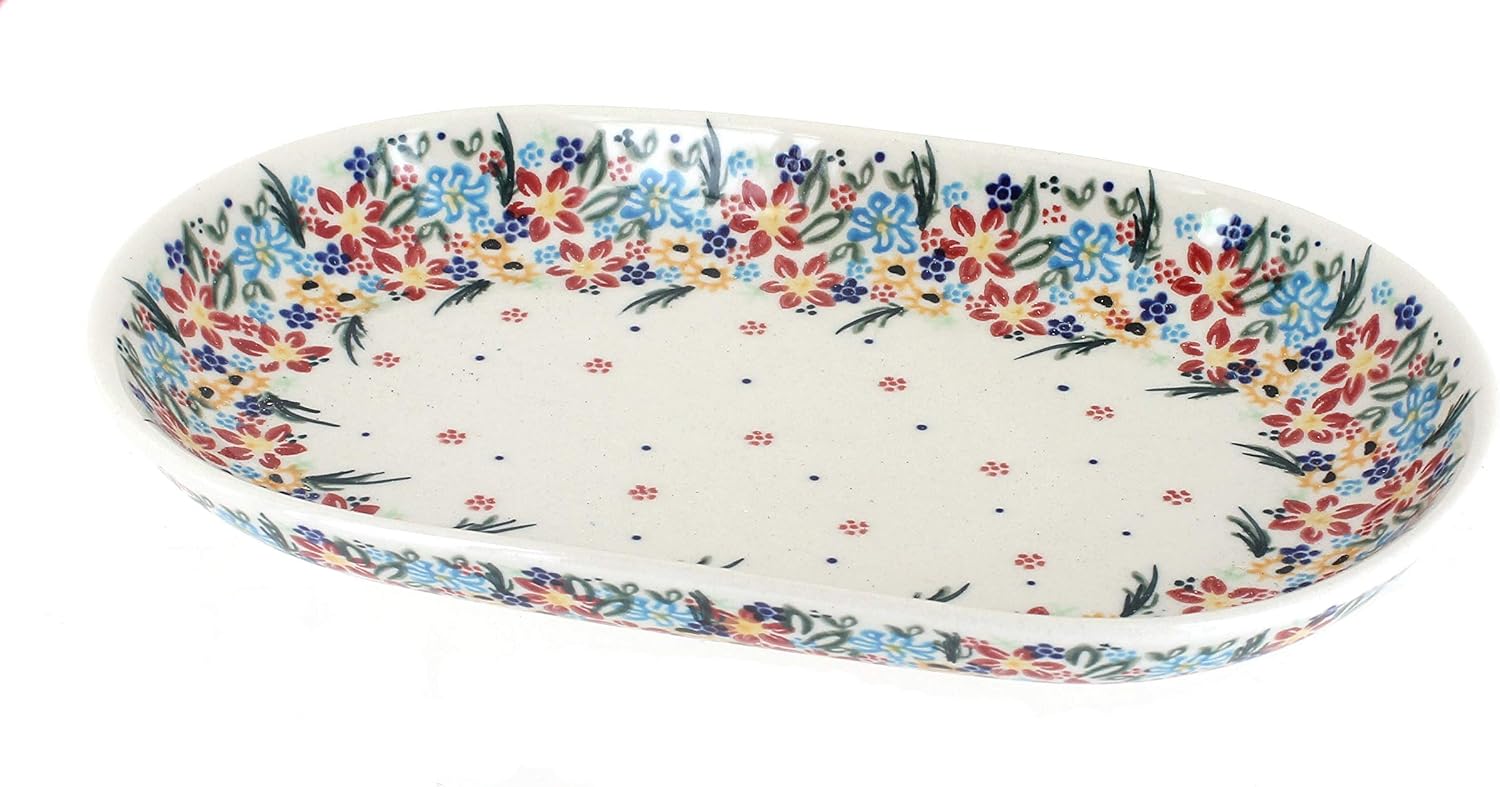 Blue Rose Polish Pottery - Brown Aztec Flower Medium Oval Dish - 10.75" x 6.75" - Unique Platter for Dinner Parties, Very Durable & Dishwasher Safe