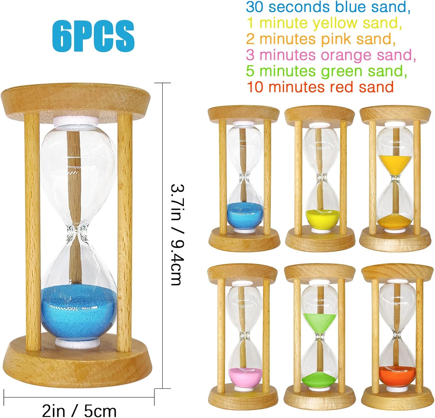 6 Pack Wooden Sand Timers, 30 Sec/1/2/3/5/10 Min Colorful Hourglass Set image 2