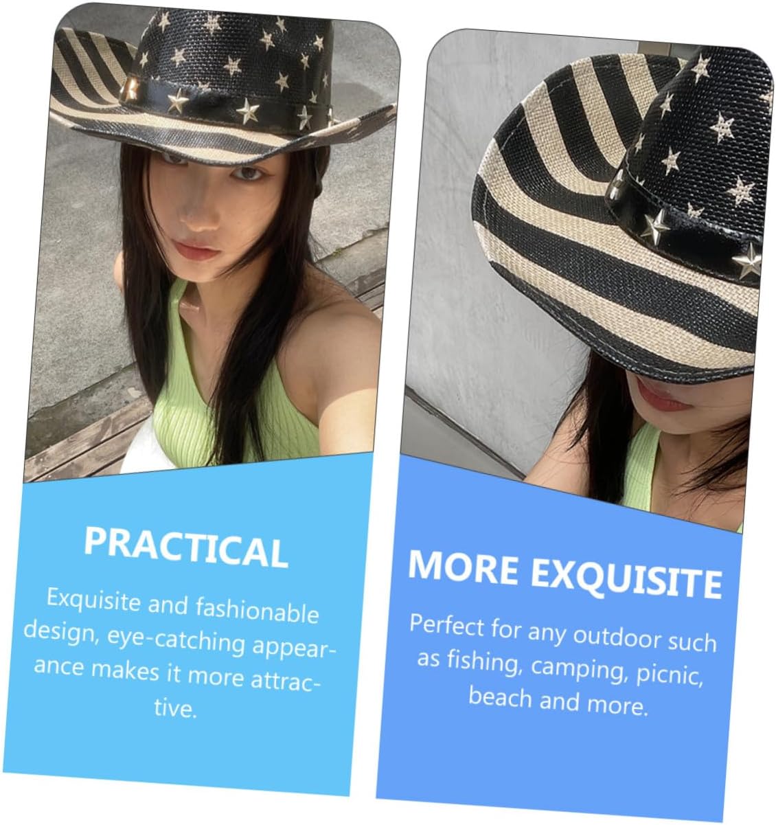 American Flag Cowboy Hat Straw Western Hat Patriotic Decorative Sun Protection Unisex Outdoor Black