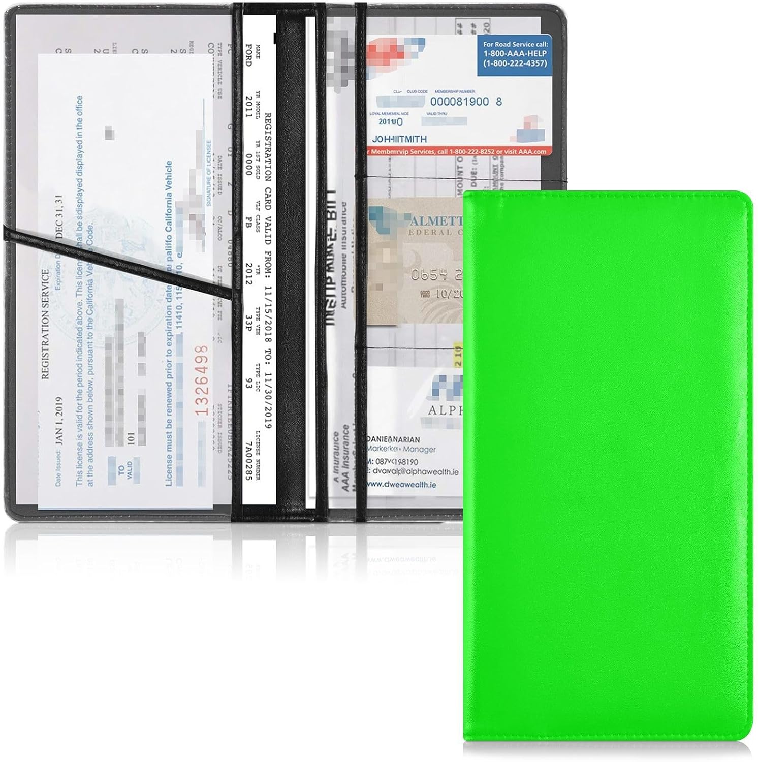 Neon Green Solid Color Car Registration and Insurance Holder Glove Box Organizer Leather Vehicle Essential Document Card Wallet Accessories Case