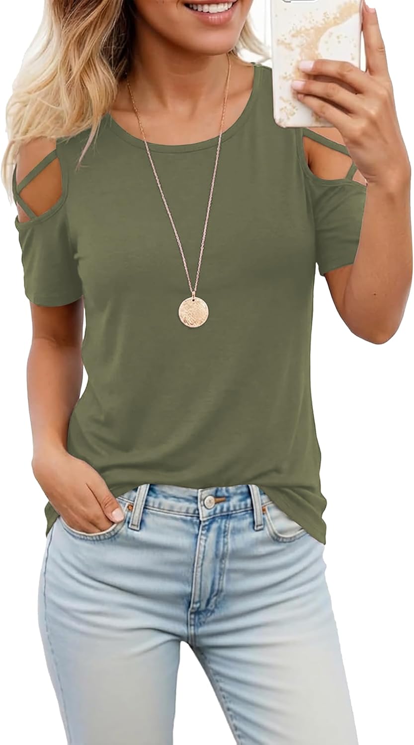 Jar of Love Women's Short Sleeve Cold Shoudler Tops T-Shirts for Women Spring Summer Tops Loose Fit Tunic 2026 - Image 2