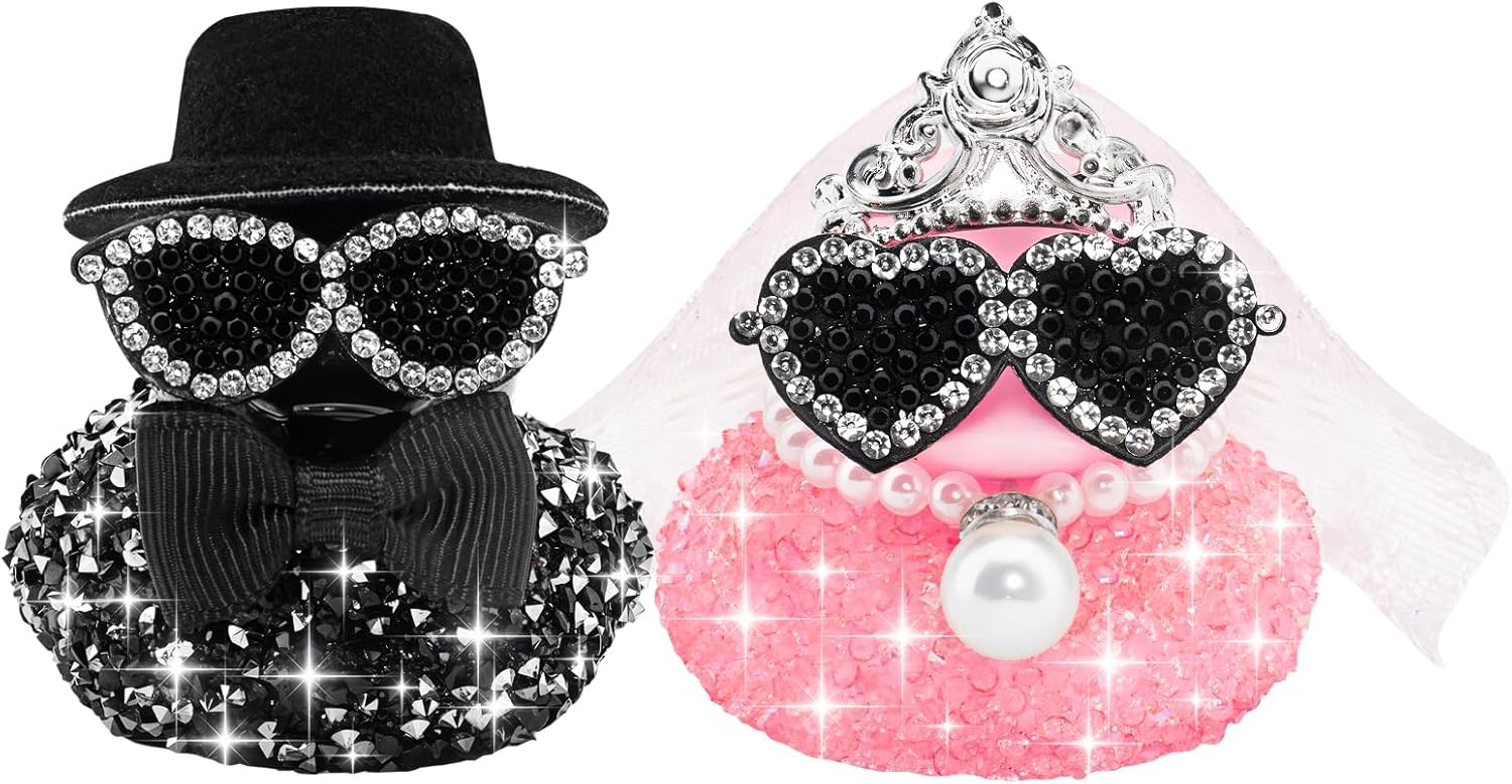 wonuu Mini Sparkly Diamond-Studded Wedding Rubber Duck, Groom Bride Couple Duckies Set Bling Rhinestones Ducky, Three-Pointed Crown