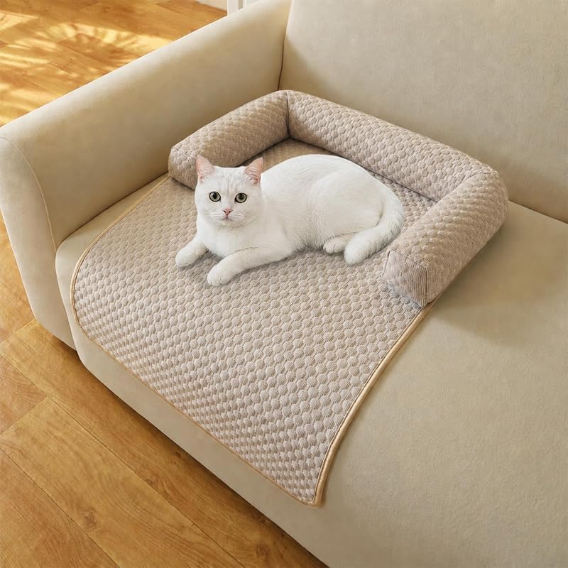 Cama para Cães e Gatos com Suporte para Pescoço e Cabeça, Tecido de Toque Fresco, Khaki, 80,01 x 60 x 15 cm, Whiskopia