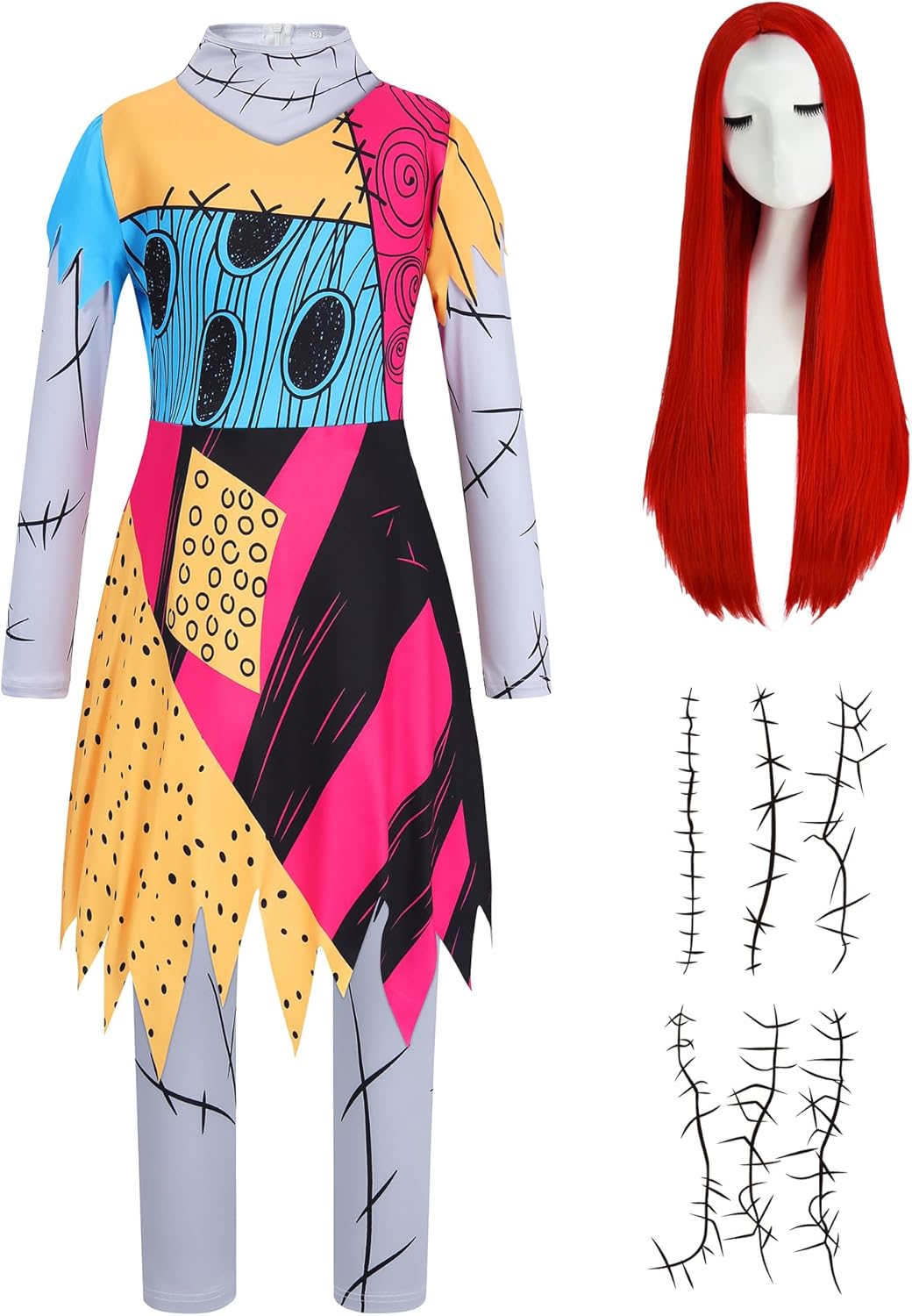 Girls Doll Princess Cosplay Long Sleeve Dress Kids Halloween Costumes Christmas Nightmare Outfit with Red Wig Stickers