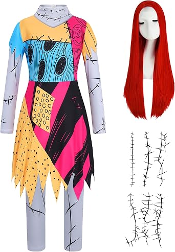 Kids Girls Doll Princess Costume Long Sleeve Dress Halloween Costumes Christmas Nightmare Outfit with Red Wig