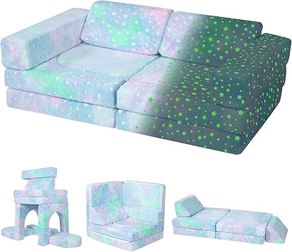 MeMoreCool Kids Couch, Colorful Star Modular Play Couch, Ages 3+ | Colorful star print foam sofa, 10 foldable modular pieces, machine-washable cover, kids playroom couch, Ages 3+