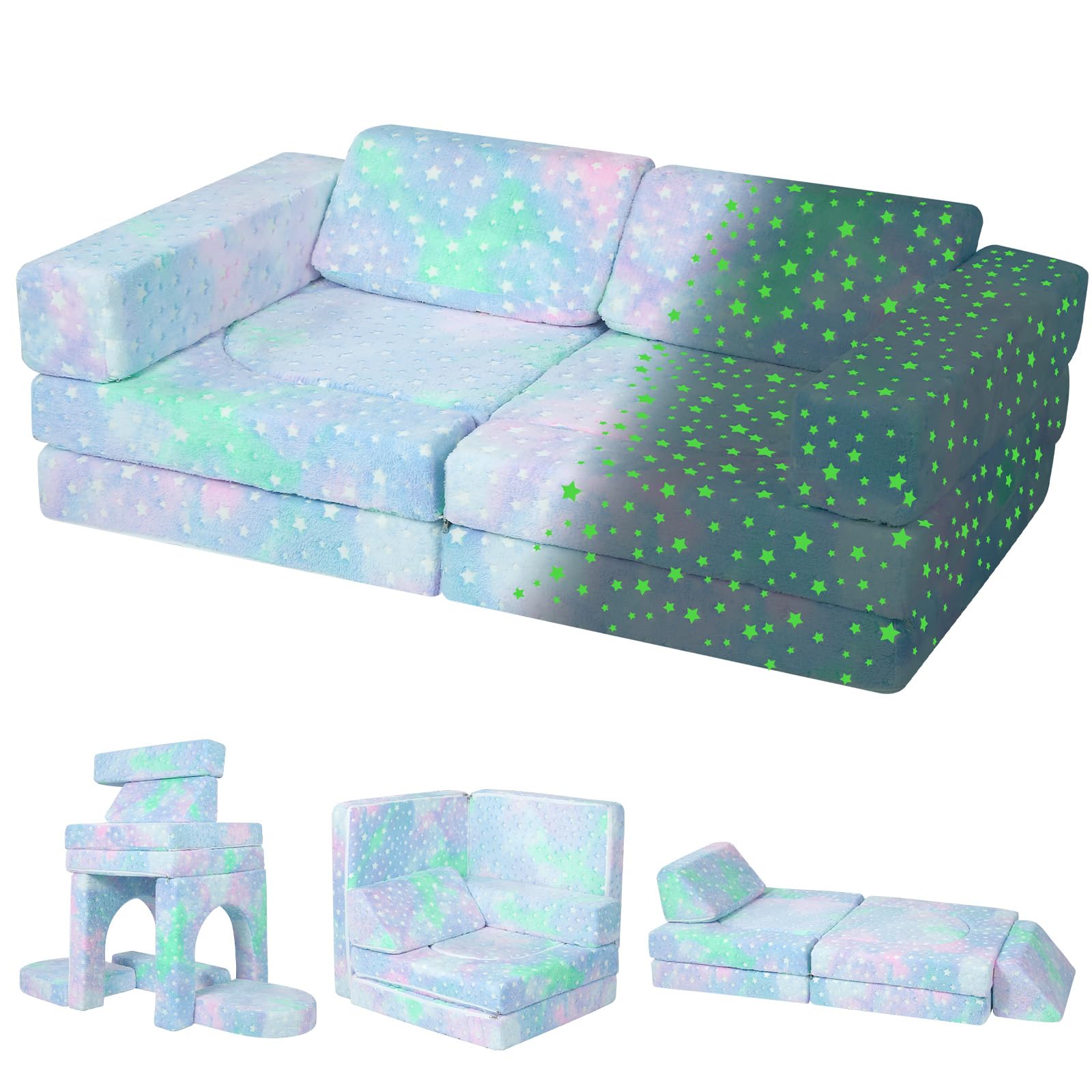MeMoreCool 10-Piece Kids Play Sofa, Modular Toddler Chair Couch for Playroom, Fold Out Play Set for Girl Boy, Convertible Sectional Foam Playset, Colorful Star — image 1