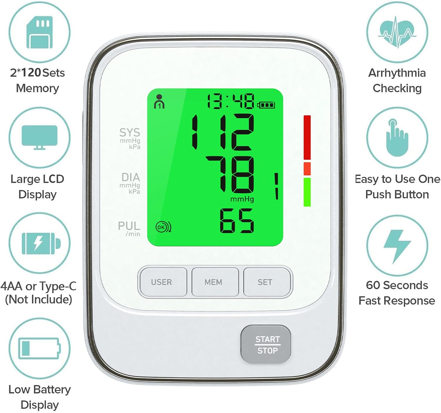 Blood Pressure Monitor for Home Use,Bp Cuff Automatic Upper Arm,LCD 3-Color Backlit Display,Heart Rate Monitor,2×120 Memory,Arrhythmia and Home Hypertension Detector
