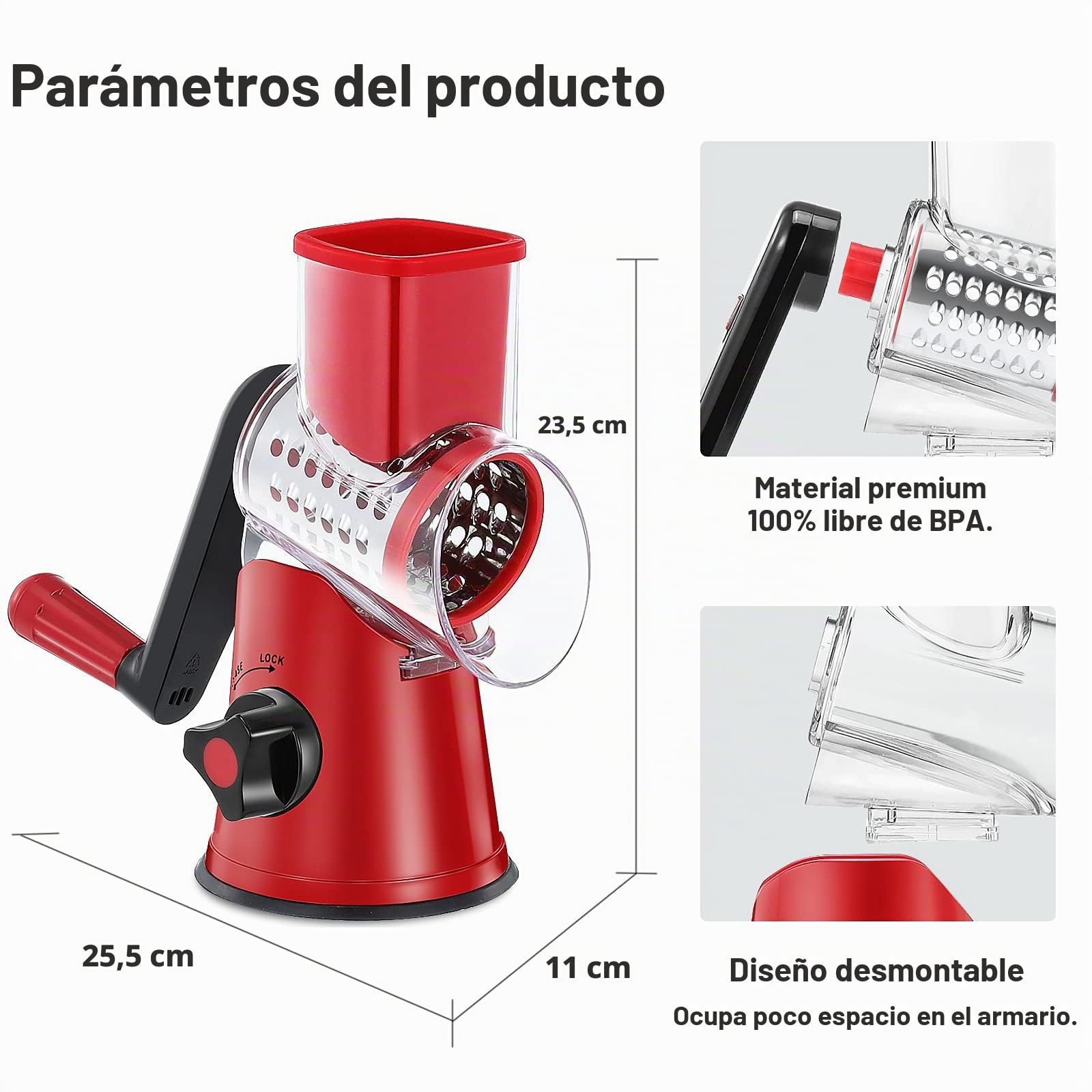 GDL Rallador de Queso, 3 Cuchillas Cortador de Verdura, Rallador Cocina | Versatilidad, Acero Inoxidable 430, Corte Rápido, Fácil Limpieza, Fuerte Ventosa, Seguridad de uso, Sin BPA, Mango Ergonómico
