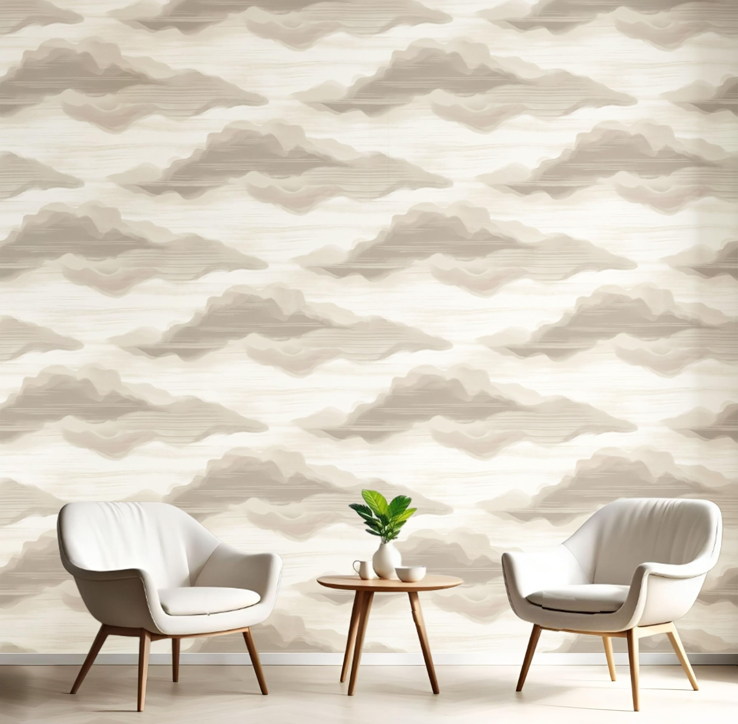 Papier peint nuages abstraits aquarelle beige, déco murale panoramique salon chambre