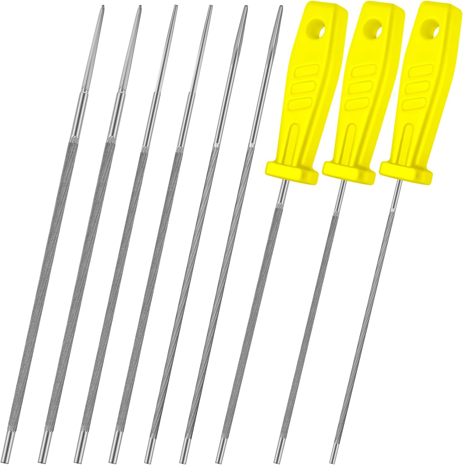 Chumia 6 Pcs 5/32 7/32 3/16 Inch Chainsaw Chain File with 3 Plastic Handles for Sharpening Chainsaw File Kit Chain Saw Sharpener Tool