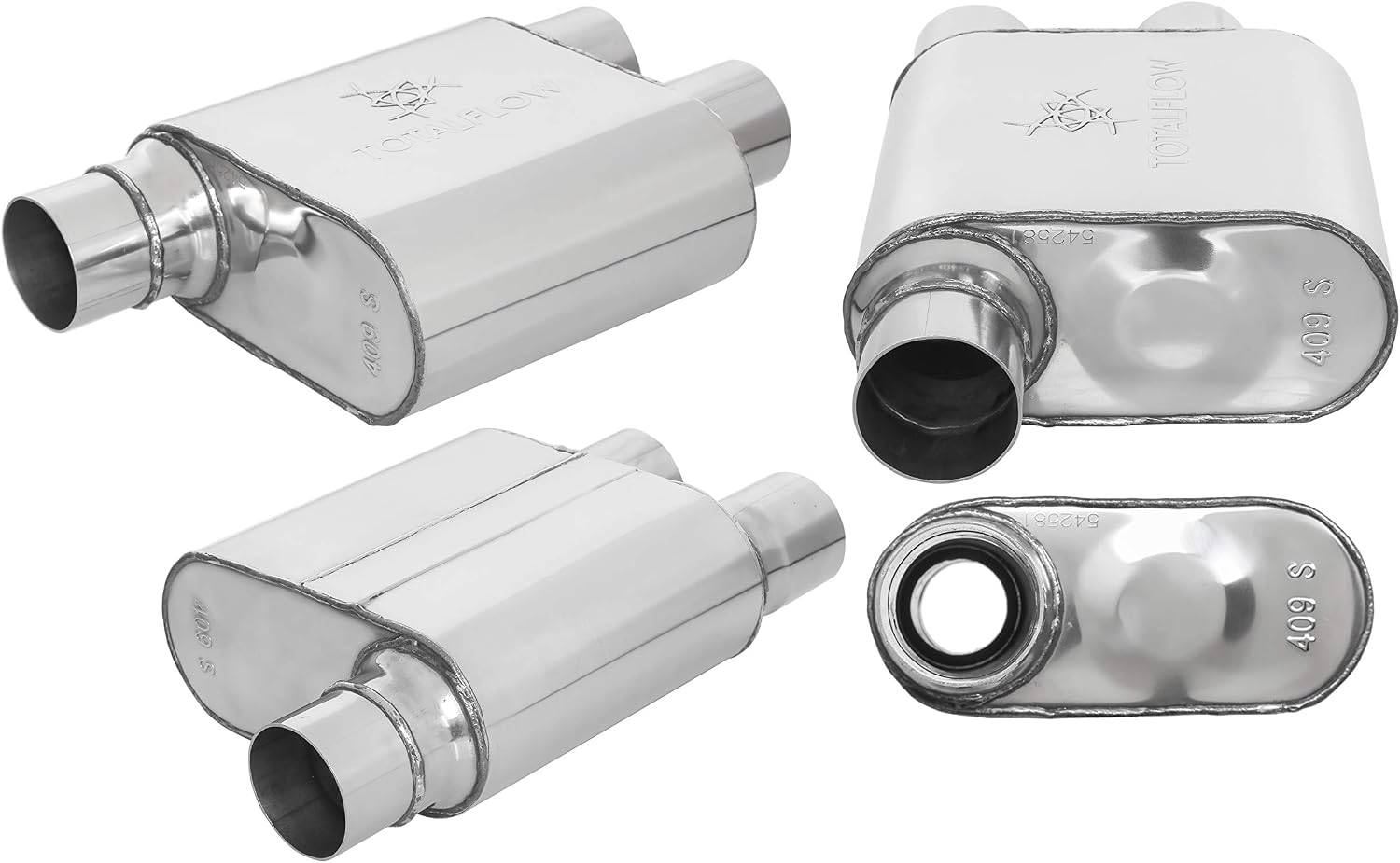 TOTALFLOW Polished 2.5" Offset in / 2.5" Offset 542581 409 Stainless Steel Single Chamber Universal Muffler 2.5" Dual Offset Out Transverse