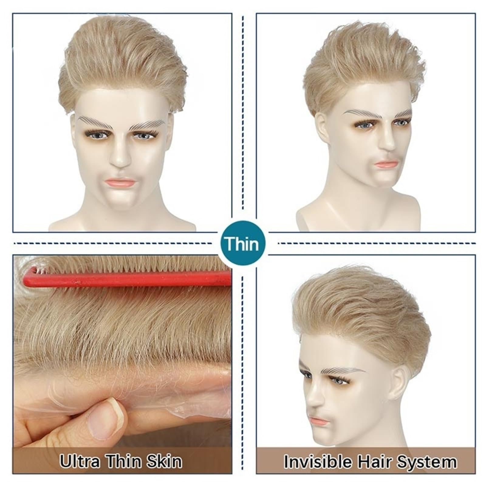 Tupé de pelo para hombres Prótesis capilar indetectable con base sin nudos del sistema de cabello humano piel ultrafina for hombres Sistema de cabello para hombres(7x10)