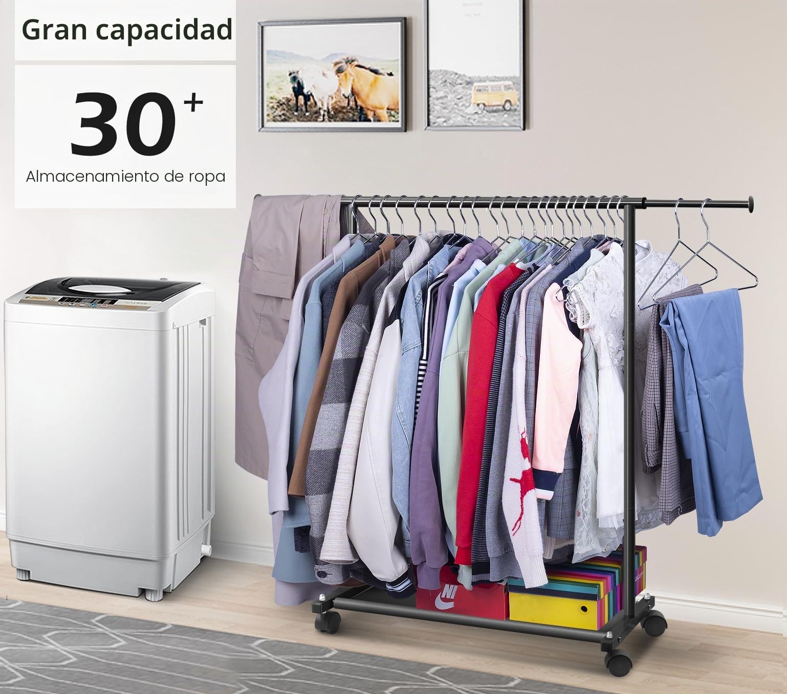MISSLO Perchero corto para colgar ropa con estantes inferiores y ruedas, perchero resistente con ruedas para abrigos de adultos, armario, armario (negro)