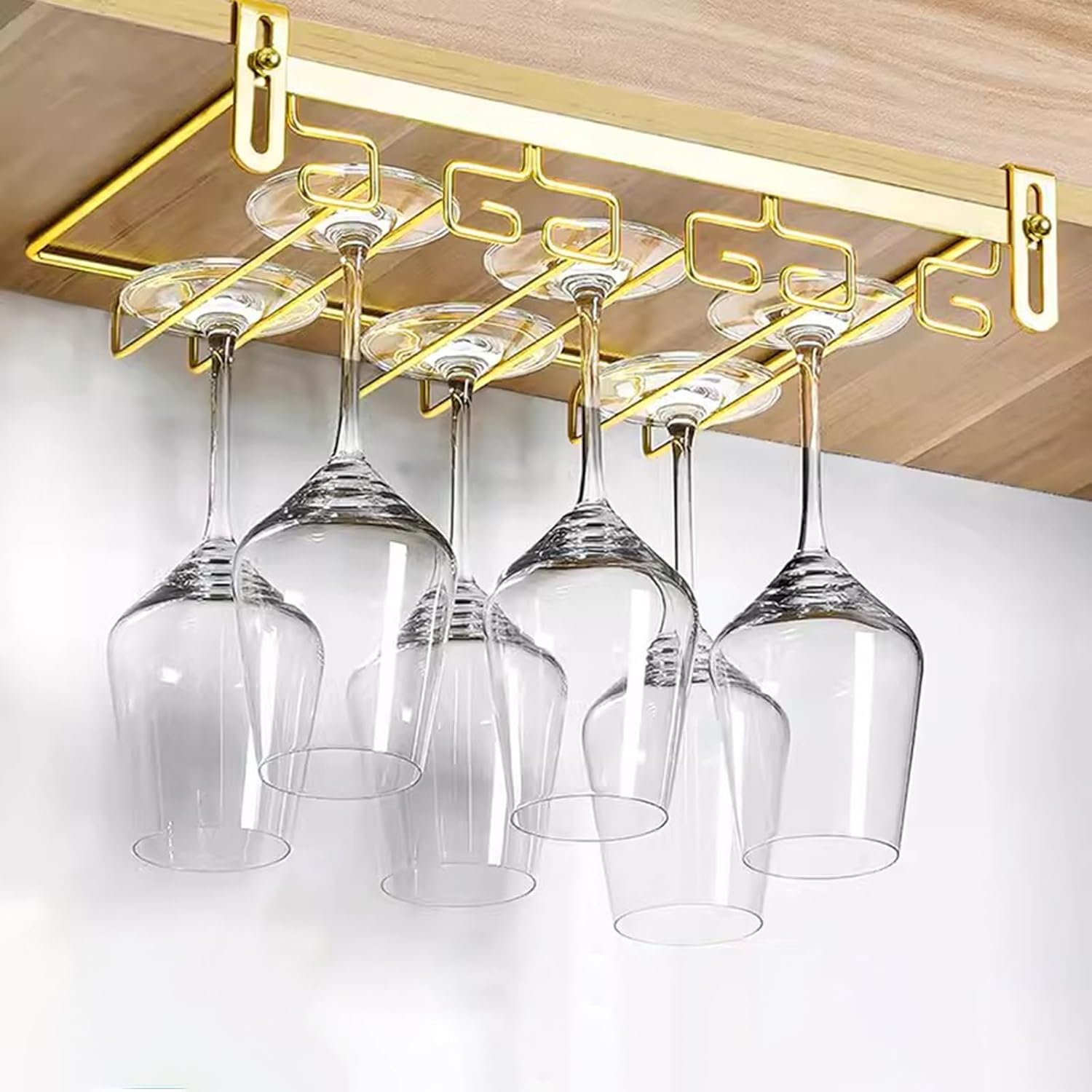 Adjustable Metal Wine Glass Holder - Upside Down Hanging Rack for Highball Glasses No Hole Punching Under Cabinet Mount Perfect for Kitchen & Bar Black 4 Slots