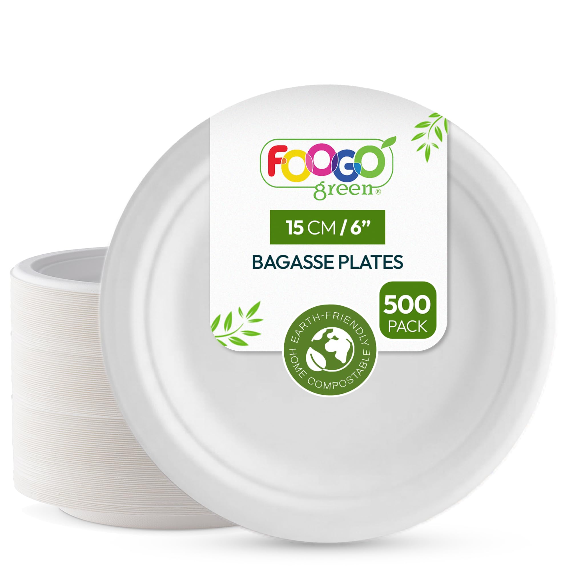 FOOGO Green 500 Disposable Sugarcane Bagasse Plates, 6 inch (15 cm), for Desserts and Starters, Eco Friendly Biodegradable Compostable, Picnic, Party, Small Round Strong Paper Plates