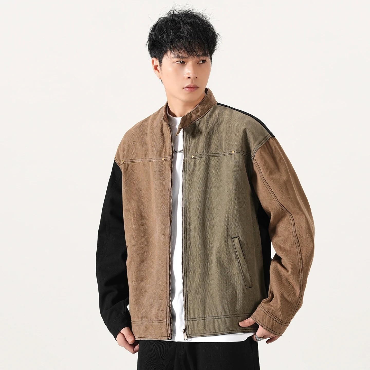 Men Cargo Coat Outerwear Patchwork Stand Collar Relaxed Fit Vintage Motorcycle Jacket