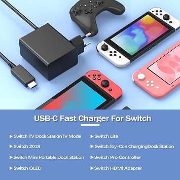 39W Power Supply for Switch/NS Switch 15V 2.6A Type C Fast Charging Charger for Switch/Switch Lite/Switch Dock/Switch OLED/Switch Pro Controller Supports TV Mode