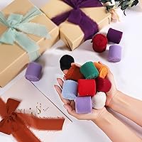 Vista 8 de 3 rollos de cinta de gasa con flecos hechos a mano color rosa claro de 1.5 pulgadas x 7 yardas, cinta rústica colorida similar a la seda para ramos