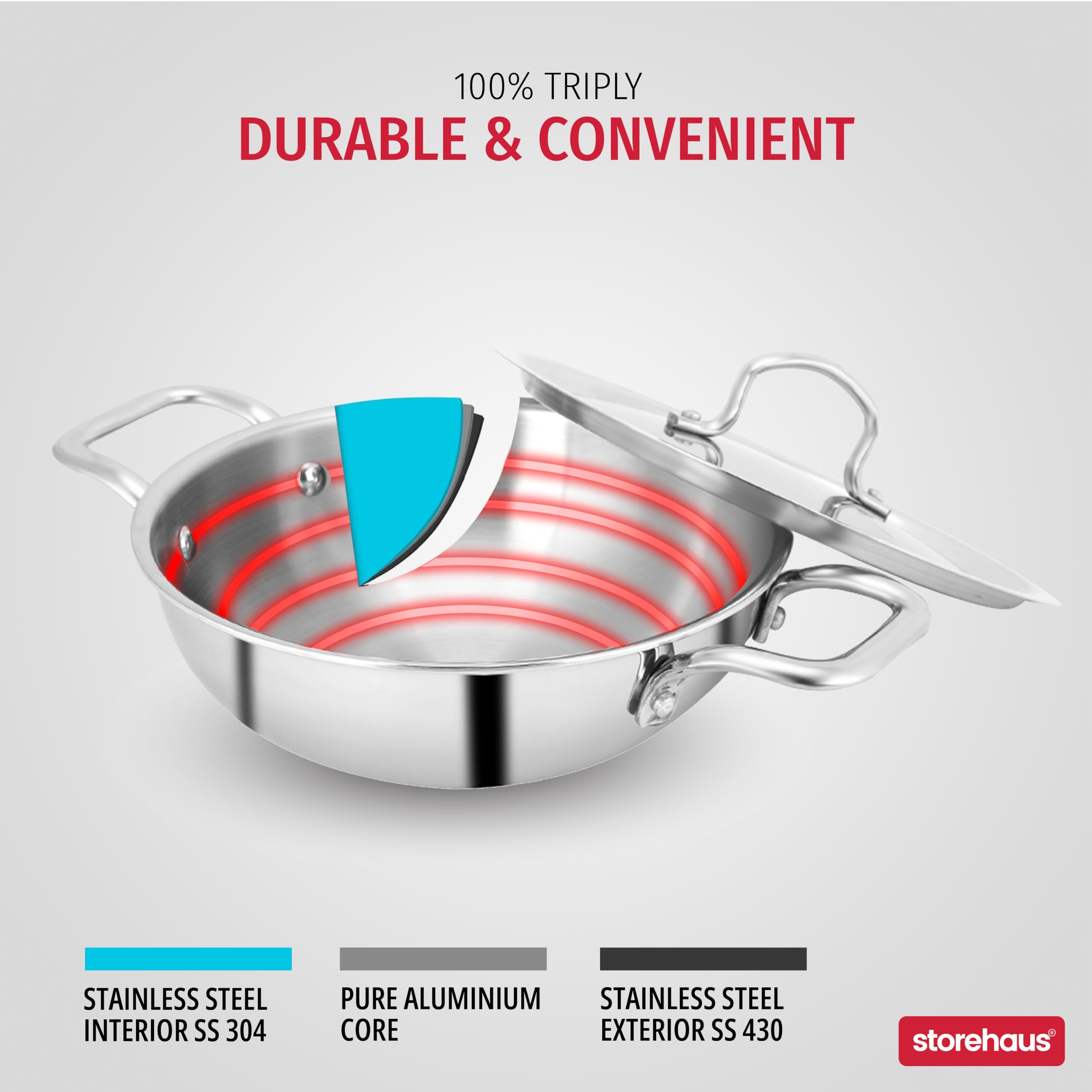 Storehaus Triply Stainless Steel 24 cm Deep Kadai with Lid, 3 L Capacity, Ideal for Curry/Stir Fry/Deep Fry, Broad Hold Handles, Smooth Surface, Induction & Gas Safe with 2 Years Warranty.