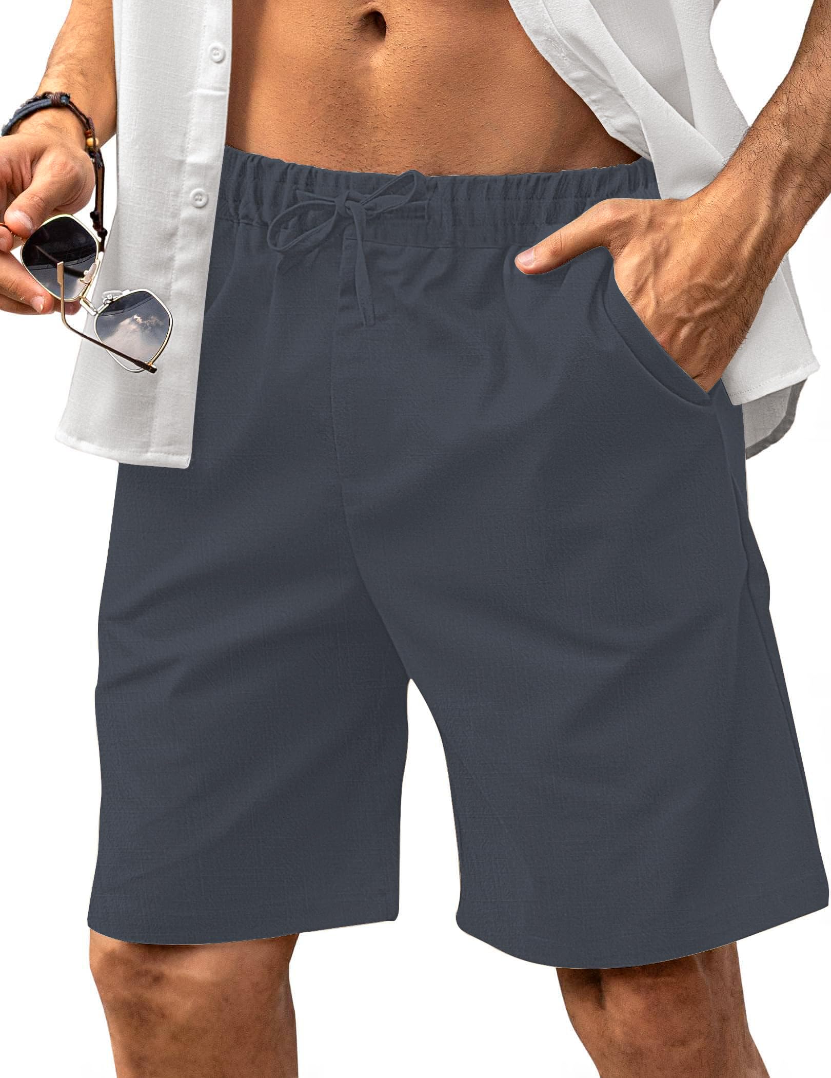 HMIYA Kurze Hosen Herren Leinen Shorts Leichte Bermuda Sommershorts Atmungsaktiv Leinenhose Kurz mit Taschen