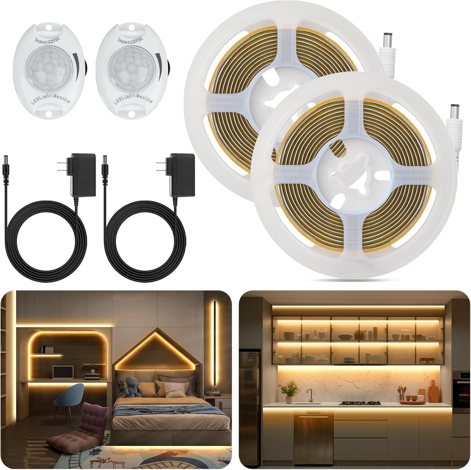 Under Bed Lights Motion Sensor COB Strip, 2-Pack of 6.56Ft Warm White Motion Activated LED Strip Lights with Dimmer, 12V Motion Sensor LED Light Strip Indoor for Bedside Cabinet Kitchen Closet Stair