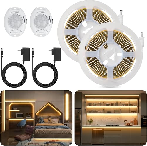 Taormey Motion Sensor COB LED Strip Lights 2-Pack 6.56ft Warm White Dimmable Under Bed Lights