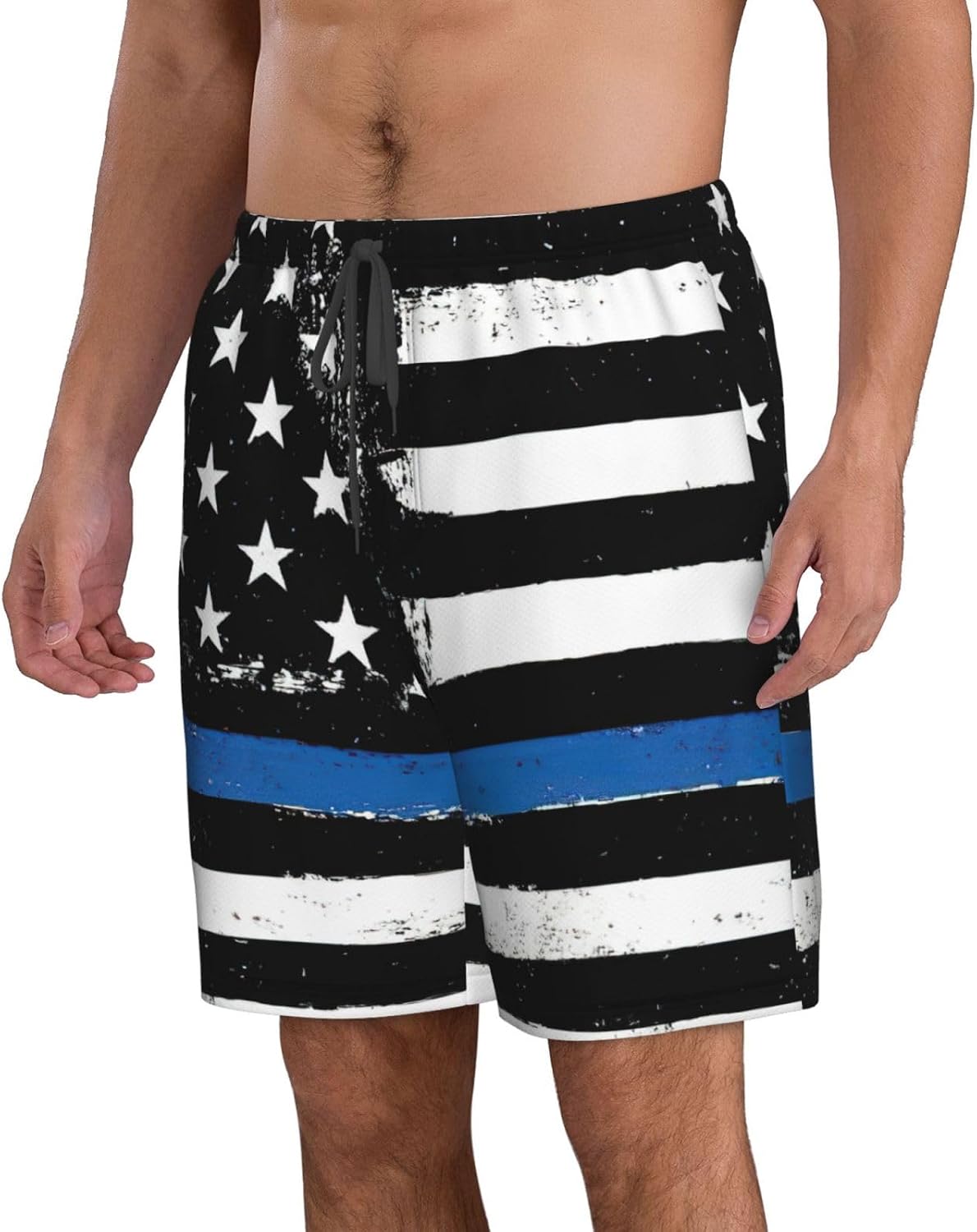 Retro Blue Thin Line USA Flag Print Men's Hawaiian Beach Shorts Elastic Novelty Summer Casual Shorts with Pocket