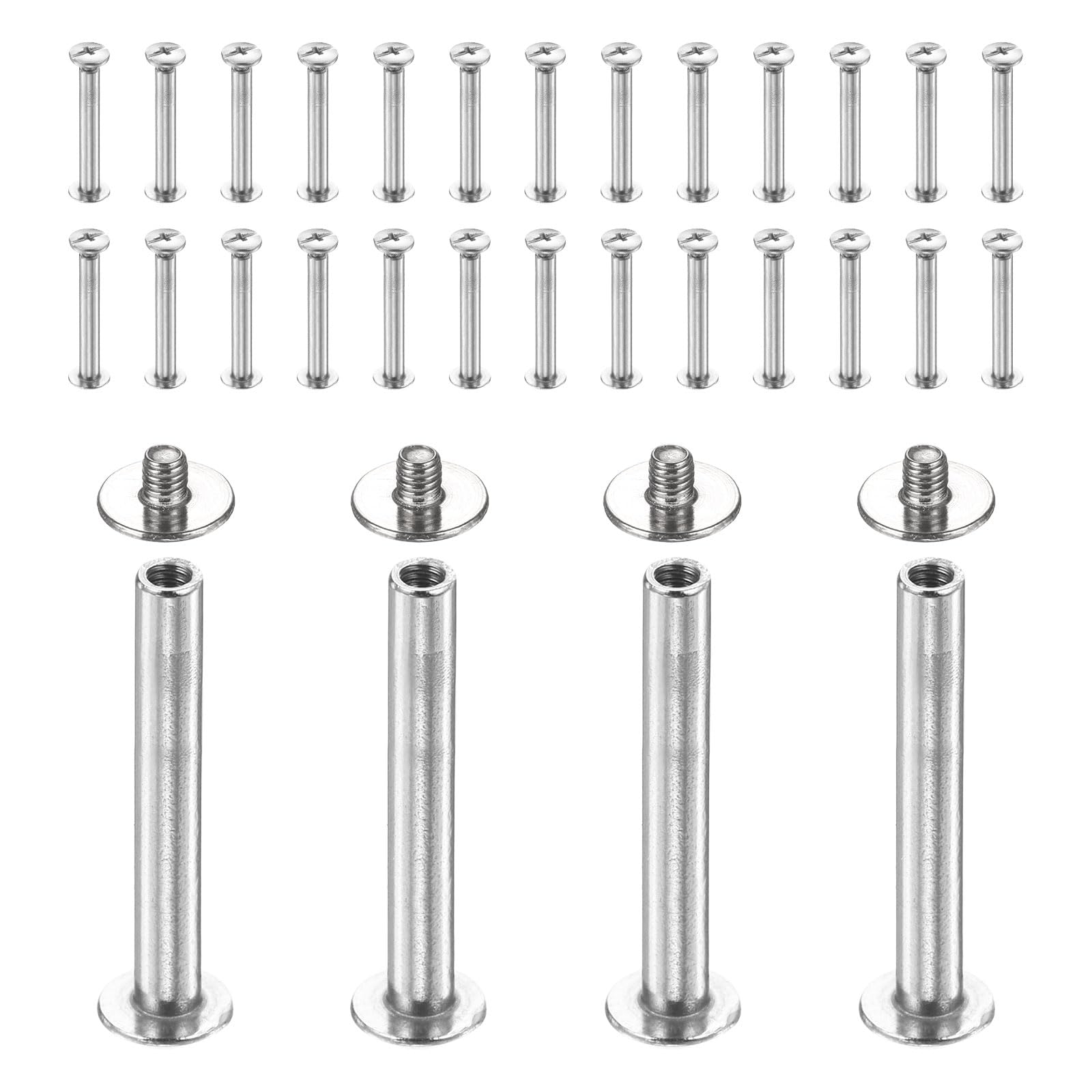 sourcing map 30set Chicago Screw M3x20mm 5mm Length Metal Phillips Nail Rivet Stud Bolts Rivets Binding Post Screw for DIY Leather Belt Bag Craft Bookbinding, Silver