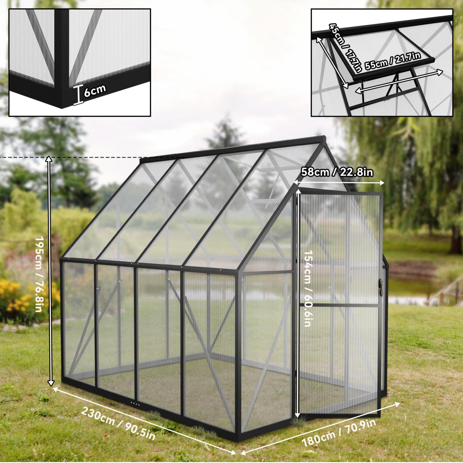 Aluminium Gewächshaus 6x8FT mit Fundamentrahmen & Belüftungsfenster, robustes Tomatenhaus wetterfest & rostfrei ideales Pflanzen- und Gemüsehaus für ganzjährige Anzucht Treibhaus 230x180x195cm